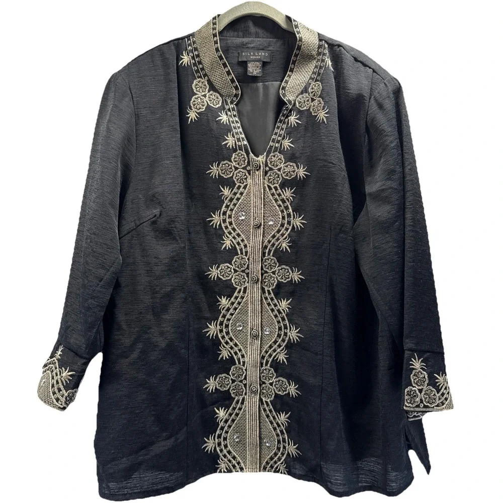 Silk Land Women's Jacket Size 2X‎ Black Gold Beaded Bling Button Up Tunic Lined